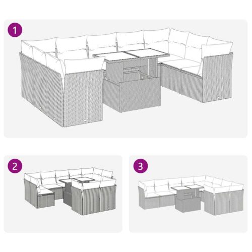 10-Piece Garden Sofa Set with Cushions Black Poly Rattan Wicker Outdoor Patio Furniture - Image 9