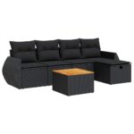 6-Piece Garden Sofa Set with Cushions Black Poly Rattan Wicker Outdoor Patio Furniture