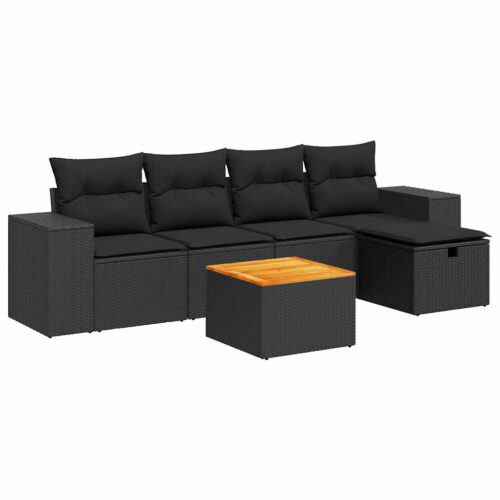 6-Piece Garden Sofa Set with Cushions Black Poly Rattan Wicker Outdoor Patio Furniture - Image 13