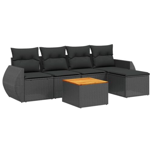 6-Piece Garden Sofa Set with Cushions Black Poly Rattan Wicker Outdoor Patio Furniture - Image 5