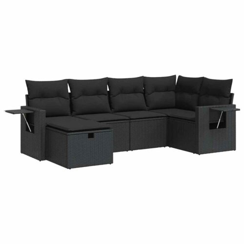 6-Piece Garden Sofa Set with Cushions Black Poly Rattan Wicker Outdoor Patio Furniture - Image 13