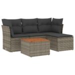 5-Piece Garden Sofa Set with Cushions Grey Poly Rattan Wicker Outdoor Patio Furniture