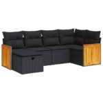 6-Piece Garden Sofa Set with Cushions Black Poly Rattan Wicker Outdoor Patio Furniture