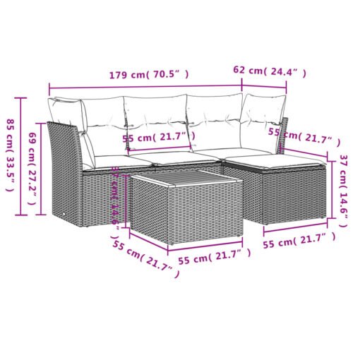 5-Piece Garden Sofa Set with Cushions Grey Poly Rattan Wicker Outdoor Patio Furniture - Image 7