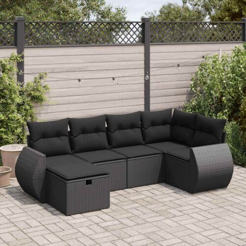 6-Piece Garden Sofa Set with Cushions Black Poly Rattan Wicker Outdoor Patio Furniture - Image 2