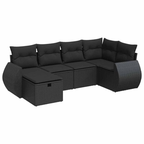 6-Piece Garden Sofa Set with Cushions Black Poly Rattan Wicker Outdoor Patio Furniture - Image 13
