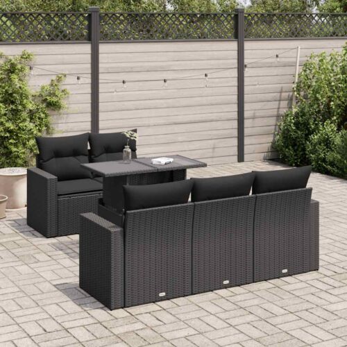 6-Piece Garden Sofa Set with Cushions Black Poly Rattan Wicker Outdoor Patio Furniture - Image 2