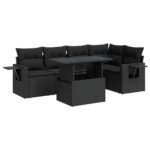 6-Piece Garden Sofa Set with Cushions Black Poly Rattan Wicker Outdoor Patio Furniture