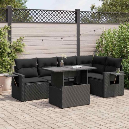 6-Piece Garden Sofa Set with Cushions Black Poly Rattan Wicker Outdoor Patio Furniture - Image 2