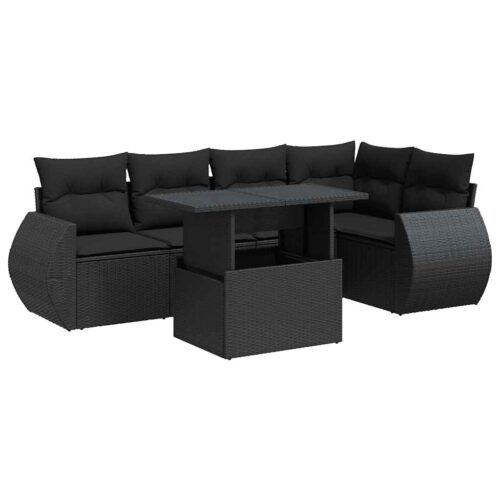 6-Piece Garden Sofa Set with Cushions Black Poly Rattan Wicker Outdoor Patio Furniture