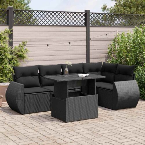 6-Piece Garden Sofa Set with Cushions Black Poly Rattan Wicker Outdoor Patio Furniture - Image 2