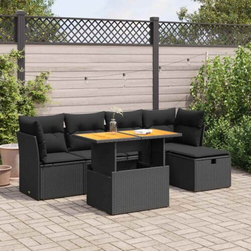 6-Piece Garden Sofa Set with Cushions Black Poly Rattan Wicker Outdoor Patio Furniture Acacia - Image 2