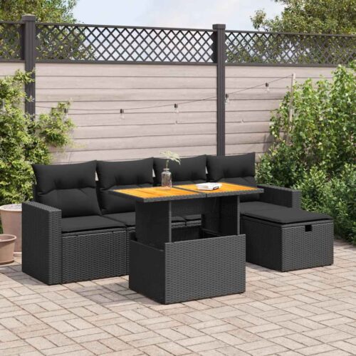 6-Piece Garden Sofa Set with Cushions Black Poly Rattan Wicker Outdoor Patio Furniture Acacia - Image 2