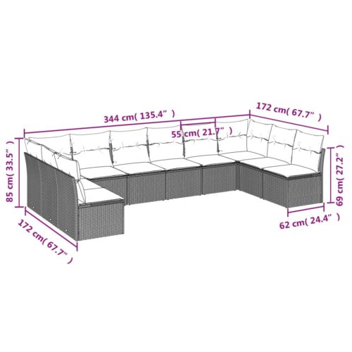 10-Piece Garden Sofa Set with Cushions Grey Poly Rattan Wicker Outdoor Patio Furniture - Image 3