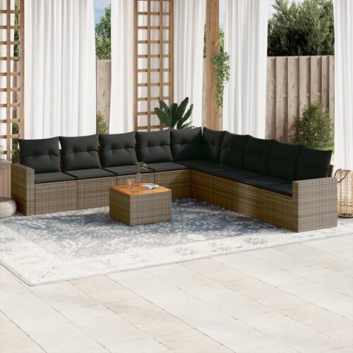 10-Piece Garden Sofa Set with Cushions Grey Poly Rattan Wicker Outdoor Patio Furniture - Image 2