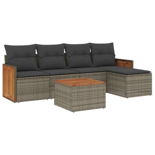 6-Piece Garden Sofa Set with Cushions Grey Poly Rattan Wicker Outdoor Patio Furniture