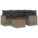 5-Piece Garden Sofa Set with Cushions Grey Poly Rattan Wicker Outdoor Patio Furniture