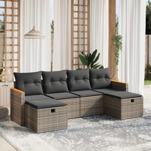 6-Piece Garden Sofa Set with Cushions Grey Poly Rattan Wicker Outdoor Patio Furniture - Image 2