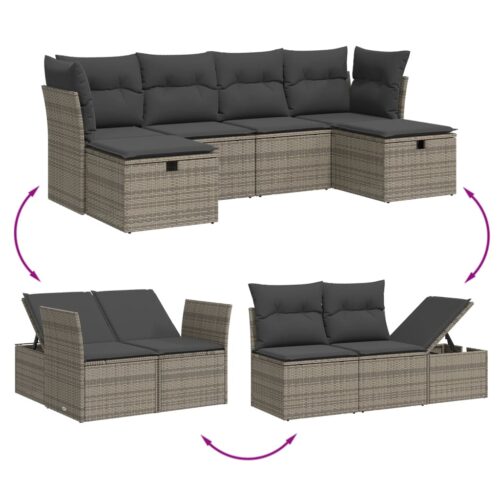 6-Piece Garden Sofa Set with Cushions Grey Poly Rattan Wicker Outdoor Patio Furniture - Image 3