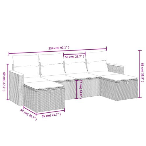 6-Piece Garden Sofa Set with Cushions Grey Poly Rattan Wicker Outdoor Patio Furniture - Image 4