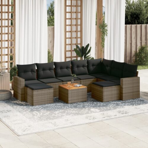10-Piece Garden Sofa Set with Cushions Grey Poly Rattan Wicker Outdoor Patio Furniture - Image 2