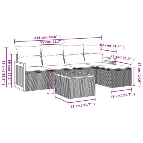6-Piece Garden Sofa Set with Cushions Grey Poly Rattan Wicker Outdoor Patio Furniture - Image 8