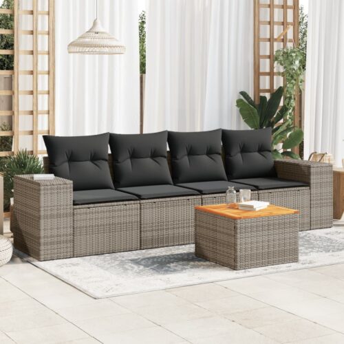 5-Piece Garden Sofa Set with Cushions Grey Poly Rattan Wicker Outdoor Patio Furniture - Image 2