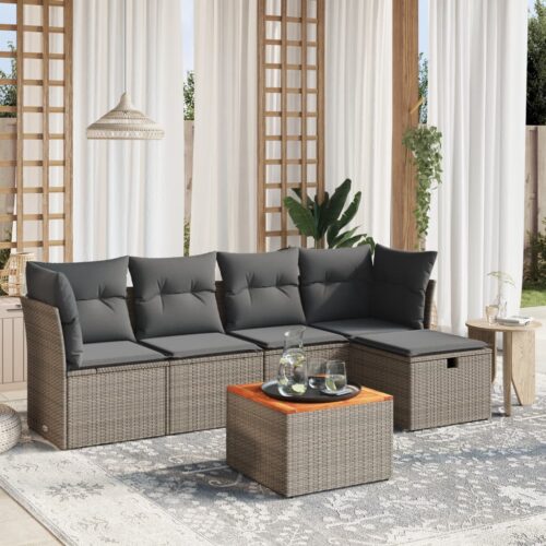 6-Piece Garden Sofa Set with Cushions Grey Poly Rattan Wicker Outdoor Patio Furniture - Image 2