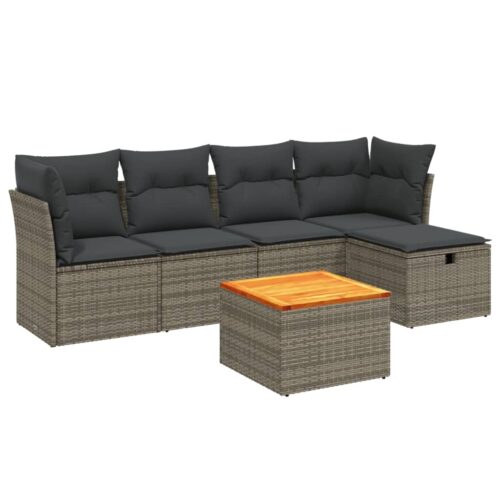 6-Piece Garden Sofa Set with Cushions Grey Poly Rattan Wicker Outdoor Patio Furniture - Image 6