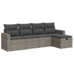 5-Piece Garden Sofa Set with Cushions Grey Poly Rattan Wicker Outdoor Patio Furniture