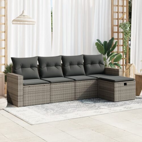 5-Piece Garden Sofa Set with Cushions Grey Poly Rattan Wicker Outdoor Patio Furniture - Image 2