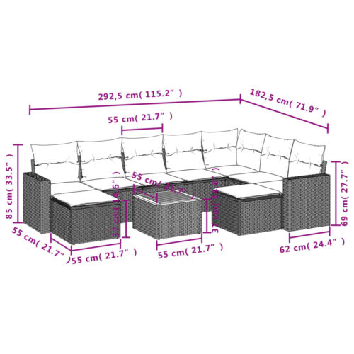 10-Piece Garden Sofa Set with Cushions Grey Poly Rattan Wicker Outdoor Patio Furniture - Image 12