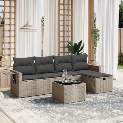 6-Piece Garden Sofa Set with Cushions Grey Poly Rattan Wicker Outdoor Patio Furniture - Image 2