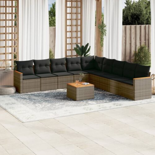 10-Piece Garden Sofa Set with Cushions Grey Poly Rattan Wicker Outdoor Patio Furniture - Image 2