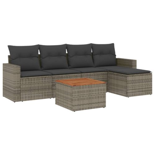 6-Piece Garden Sofa Set with Cushions Grey Poly Rattan Wicker Outdoor Patio Furniture