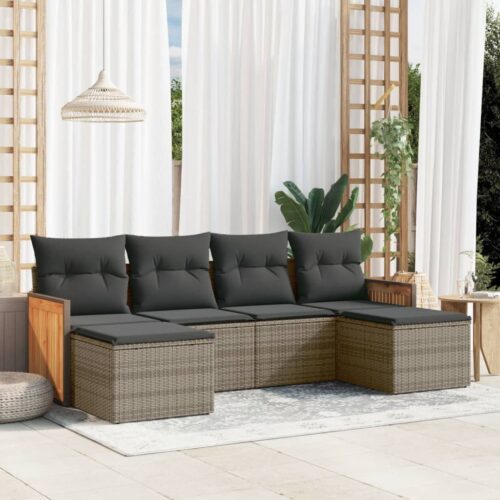6-Piece Garden Sofa Set with Cushions Grey Poly Rattan Wicker Outdoor Patio Furniture - Image 2