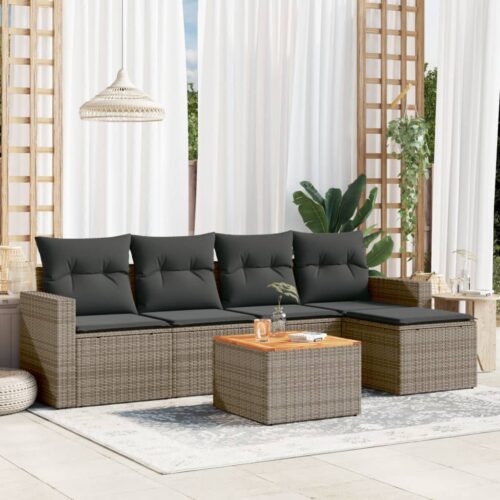 6-Piece Garden Sofa Set with Cushions Grey Poly Rattan Wicker Outdoor Patio Furniture - Image 2