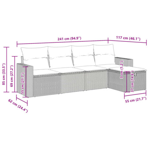 5-Piece Garden Sofa Set with Cushions Grey Poly Rattan Wicker Outdoor Patio Furniture - Image 12