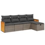 5-Piece Garden Sofa Set with Cushions Grey Poly Rattan Wicker Outdoor Patio Furniture