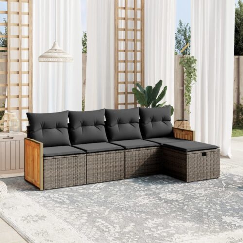 5-Piece Garden Sofa Set with Cushions Grey Poly Rattan Wicker Outdoor Patio Furniture - Image 2