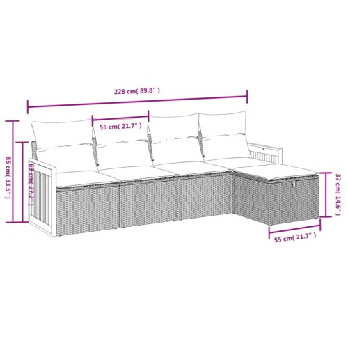 5-Piece Garden Sofa Set with Cushions Grey Poly Rattan Wicker Outdoor Patio Furniture - Image 4