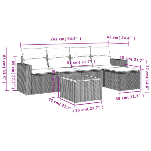 6-Piece Garden Sofa Set with Cushions Grey Poly Rattan Wicker Outdoor Patio Furniture - Image 11