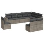 10-Piece Garden Sofa Set with Cushions Grey Poly Rattan Wicker Outdoor Patio Furniture