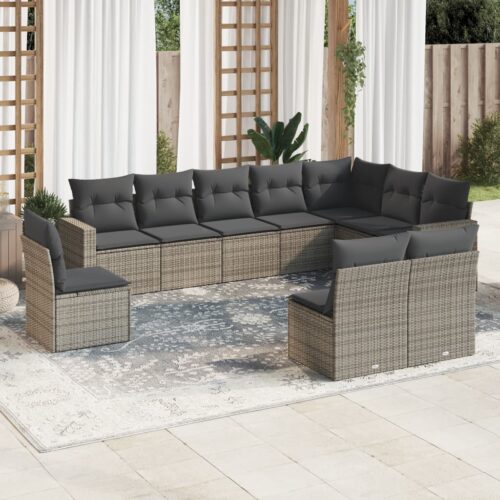 10-Piece Garden Sofa Set with Cushions Grey Poly Rattan Wicker Outdoor Patio Furniture - Image 2