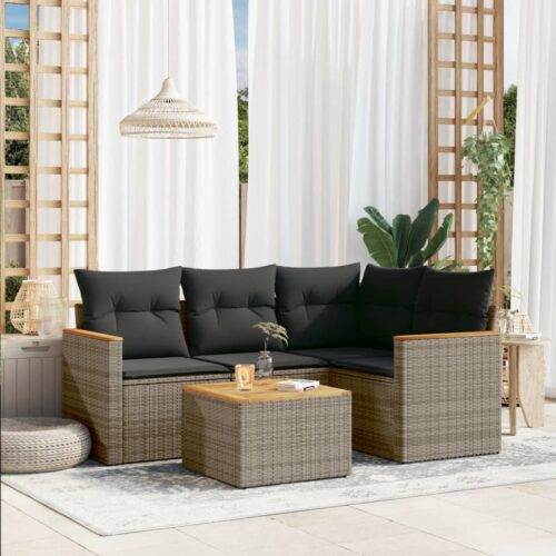 5-Piece Garden Sofa Set with Cushions Grey Poly Rattan Wicker Outdoor Patio Furniture - Image 2