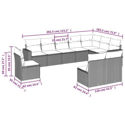 10-Piece Garden Sofa Set with Cushions Grey Poly Rattan Wicker Outdoor Patio Furniture - Image 3
