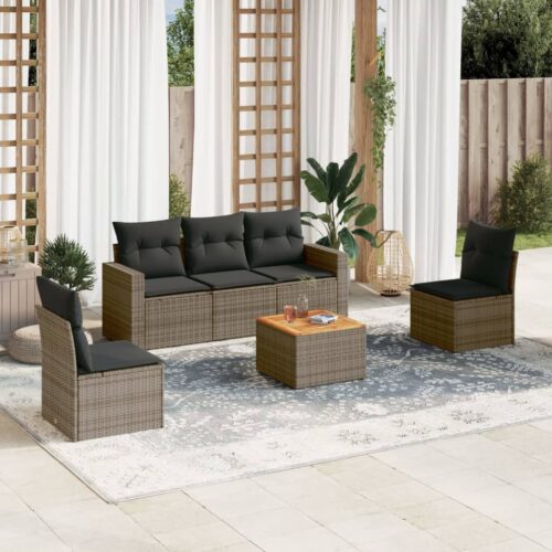 6-Piece Garden Sofa Set with Cushions Grey Poly Rattan Wicker Outdoor Patio Furniture - Image 2