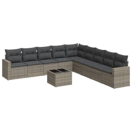 10-Piece Garden Sofa Set with Cushions Grey Poly Rattan Wicker Outdoor Patio Furniture
