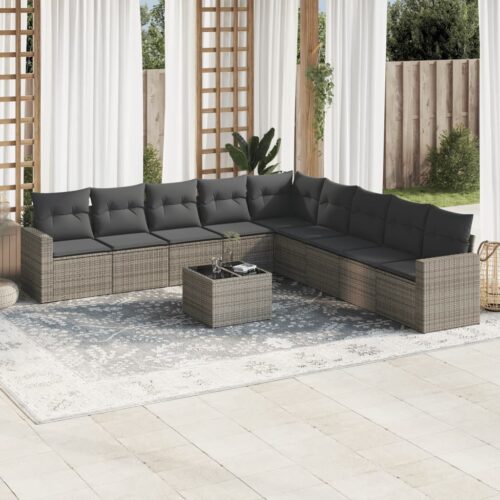 10-Piece Garden Sofa Set with Cushions Grey Poly Rattan Wicker Outdoor Patio Furniture - Image 2