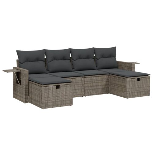 6-Piece Garden Sofa Set with Cushions Grey Poly Rattan Wicker Outdoor Patio Furniture